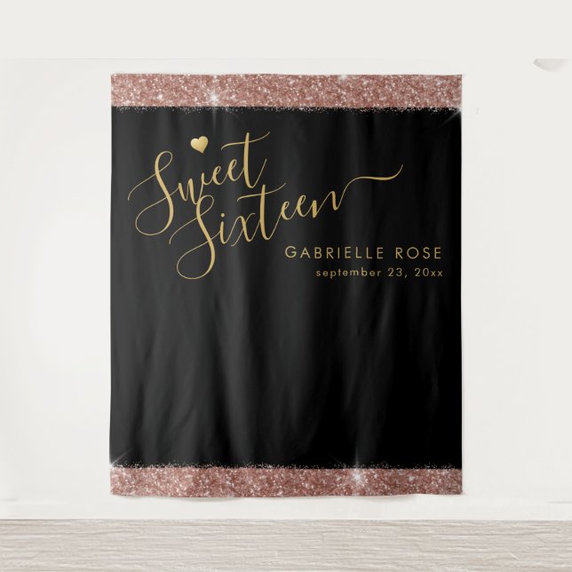 Rose Gold Black Sweet 16 Glitzer Confetti Hintergr Wandteppich (Vorderseite)