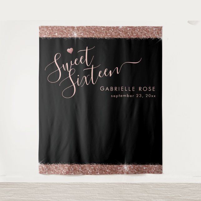 Rose Gold Black Sweet 16 Glitzer Foto Hintergrund Wandteppich (Vorderseite)