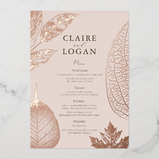 Rose Gold Blätter Pink Beige Wedding Menu Card Folieneinladung (Vorderseite)