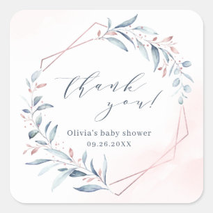 Rose Gold Blau Greenery Geometrische Babyparty Quadratischer Aufkleber
