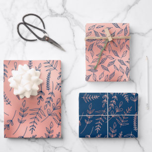 Rose Gold Blauer botanischer Jeder Anlass Geschenkpapier Set