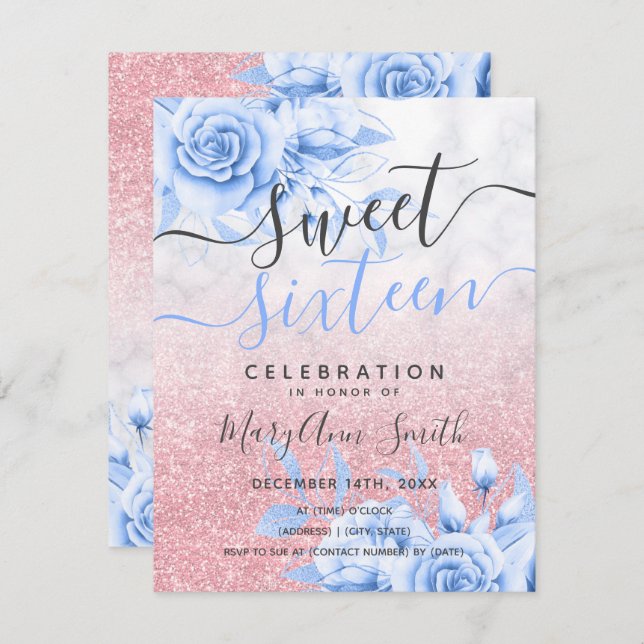 Rose Gold Blauer Marmor Blumenblumensaft Glitzer S Einladung (Vorne/Hinten)