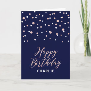 Rose Gold & Blaues Happy Birthday Namensgruß Karte