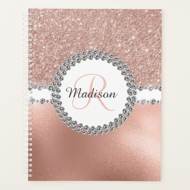 Rose Gold Bling Diamond Monogram Girl Planer (Vorderseite)