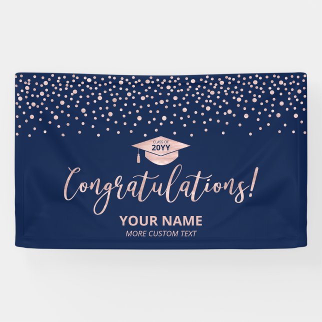 Rose Gold Blue Confetti Gratulation Abschluss Banner (Horizontal)