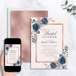 Rose Gold Blue Dusty Pink Floral Brautparty Einladung<br><div class="desc">Dieses moderne und trendige Brautduschdesign mit Aquarellblumen in Marineblau und staubigen Rosa mit einer Textbox aus vergoldeten Imitaten aus Rose und Textur auf der Rückseite. Copyright Elegant Invites,  alle Rechte vorbehalten.</div>