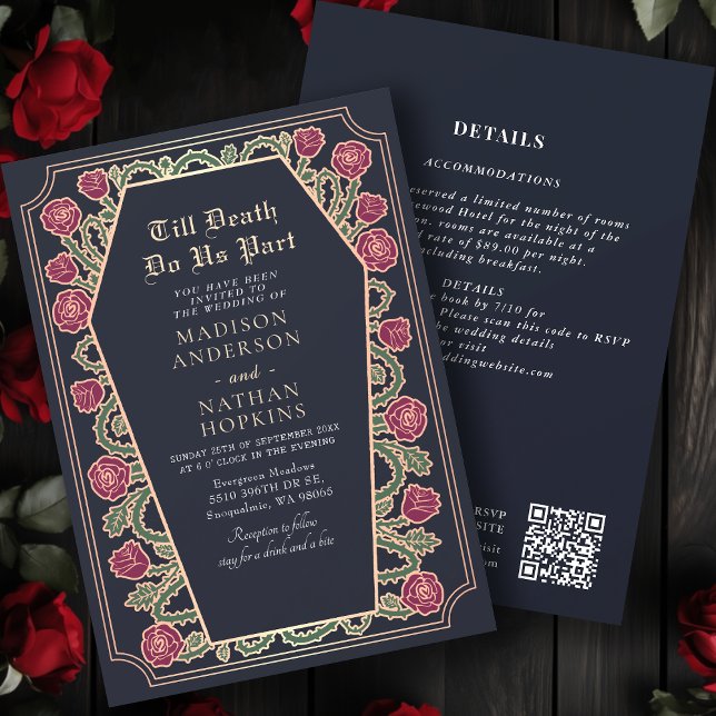 Rose Gold Blue Gothic Coffin Wedding QR Code Einladung (Von Creator hochgeladen)