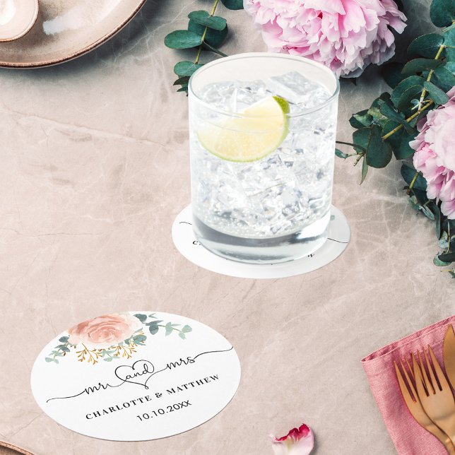 Rose Gold Blume Grün mehr m Hochzeit Runder Pappuntersetzer (Von Creator hochgeladen)