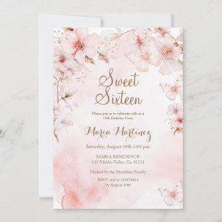 Rose Gold Blume mit Gold Glitzer Sweet 16 Einladung