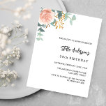 Rose Gold Blumenbudget Geburtstagsausschreibung<br><div class="desc">Ein schick weißer Hintergrund. Dekoriert mit einer Rose Gold und rot rosa Blumen, Rose Blume und grüne Aquarell Eukalyptus Blätter, Sprigs, Grün und ein Imitat goldbraun. Personalisieren Sie Ihren Namen und Ihre Party-Daten und fügen Sie diese hinzu. Zurück: Rose goldene Hintergrundfarbe. 1 Blatt = 1 Einladung mit Druckkante bis Kante....</div>