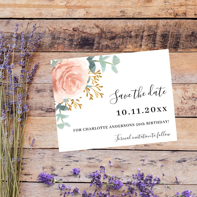 Rose Gold Blumengeburtskarte Save the Date (Von Creator hochgeladen)