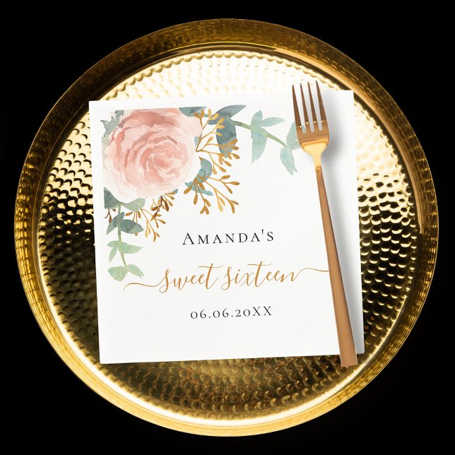 Rose Gold Blumengrün elegant Sweet 16 Serviette (Von Creator hochgeladen)