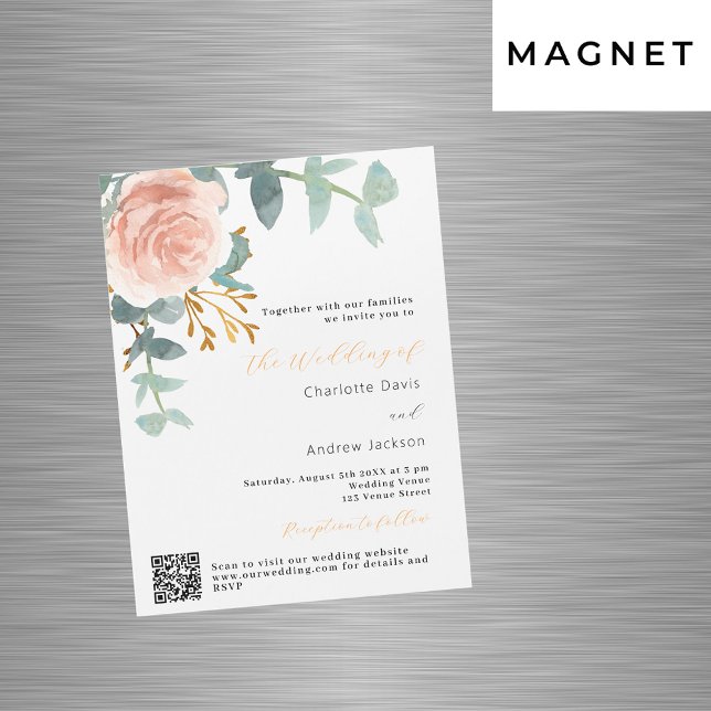Rose Gold Blumengrün QR UAWG Luxus Hochzeit Magneteinladung (Von Creator hochgeladen)