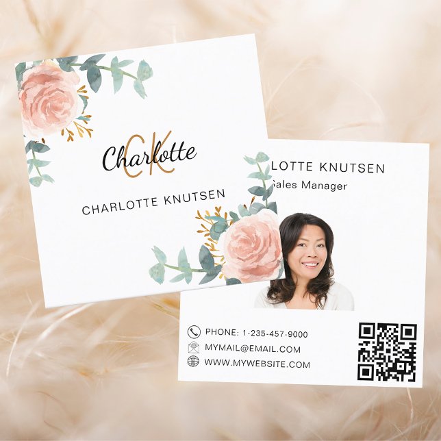 Rose Gold blumenmonogramm Foto Qr Quadratische Visitenkarte (Von Creator hochgeladen)