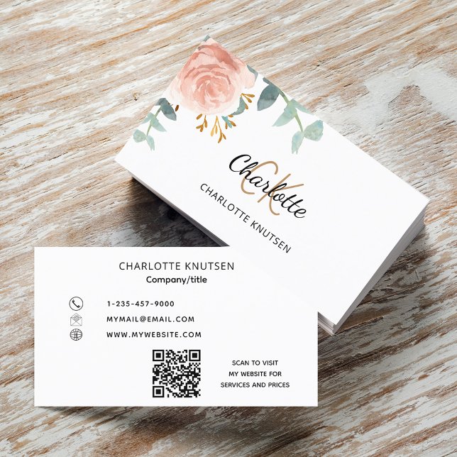 Rose Gold Blumenmonogramm Qr-Code Visitenkarte (Von Creator hochgeladen)