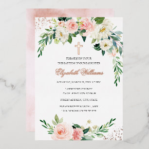 Rose Gold Blumenreath Cross Girl Taufe Folieneinladung