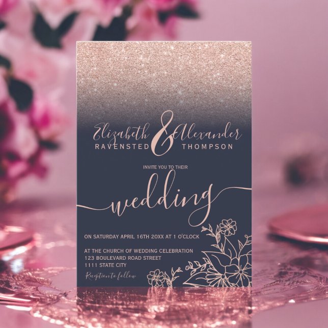 Rose Gold Blumenzwiebeln Glitzer Marinebrache Einladung (Rose gold floral glitter navy blue script wedding invitation)