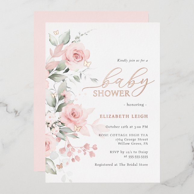 Rose Gold Blush Bloral Butterfly Babydusche Folieneinladung (Vorderseite/Rückseite)