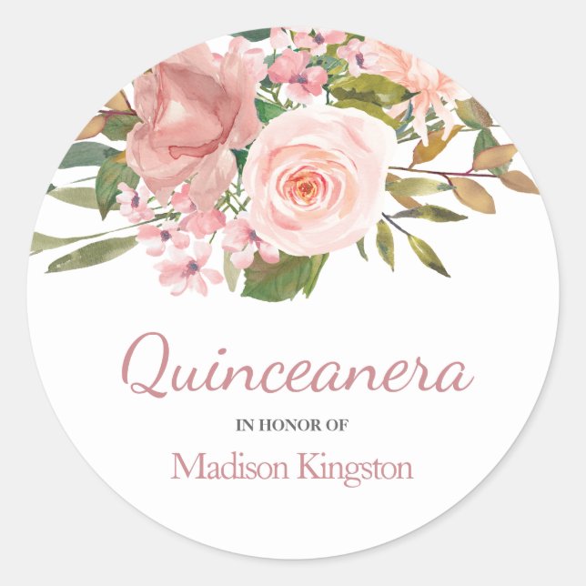 Rose Gold & Blush Blume Quinceanera Gefallen Runder Aufkleber (Vorderseite)