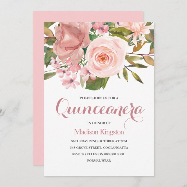 Rose Gold & Blush Blume Quinceanera Party Einladun Einladung (Vorne/Hinten)