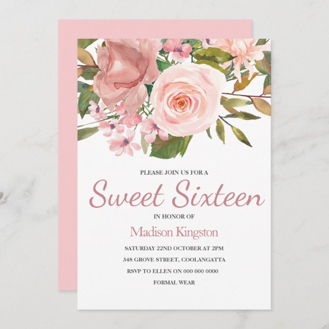 Rose Gold & Blush Blume Sweet 16 Einladung (Vorne/Hinten)