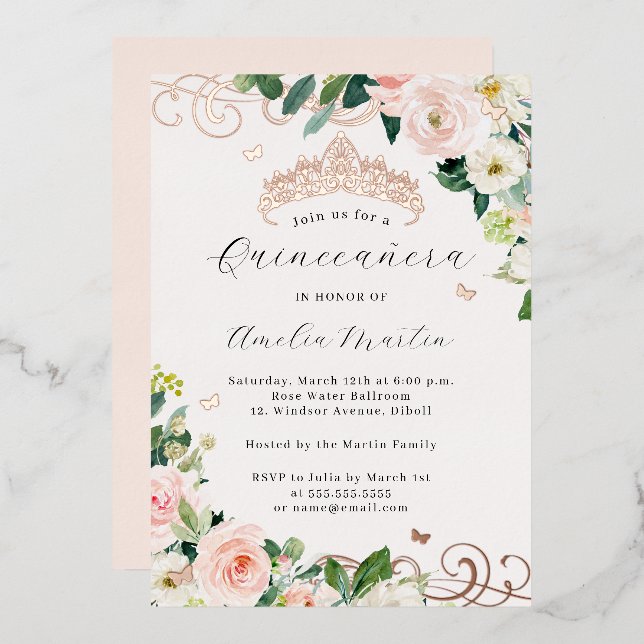 Rose Gold Blush Blumenwirbel Quinceanera Folieneinladung (Vorderseite/Rückseite)