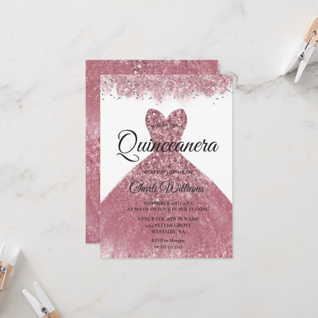 Rose Gold Blush Dress Quinceanera Party Einladung (Vorderseite/Rückseite Beispiel)