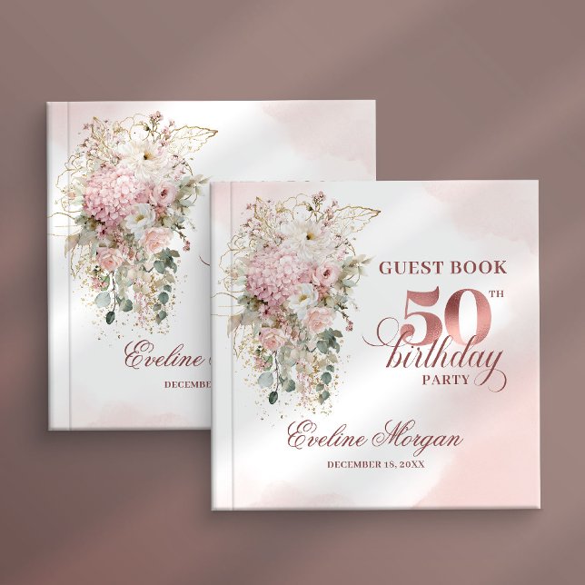 Rose Gold Blush Floral 50th Birthday Guest Book Gästebuch (Rose gold floral 50th birthday,
dusty pink blush gold glitter,
opulent Soft pastel   pink flowers, 
)