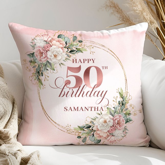 Rose Gold Blush Floral 50th Birthday Pillow Gift Kissen (Rose gold floral 50th birthday,
dusty pink blush gold glitter,
opulent Soft pastel   pink flowers, 
)