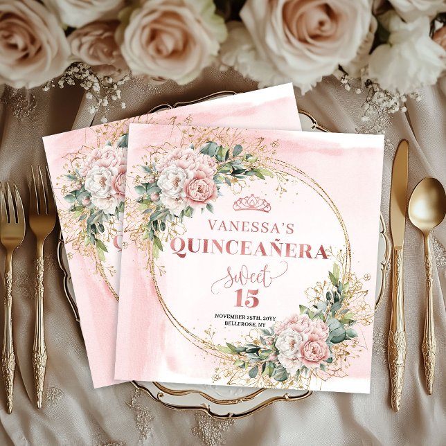 Rose Gold Blush Floral Greenery Napkin Mis Quince Serviette (Rose Gold Blush Floral Greenery Napkin for Mis Quince)