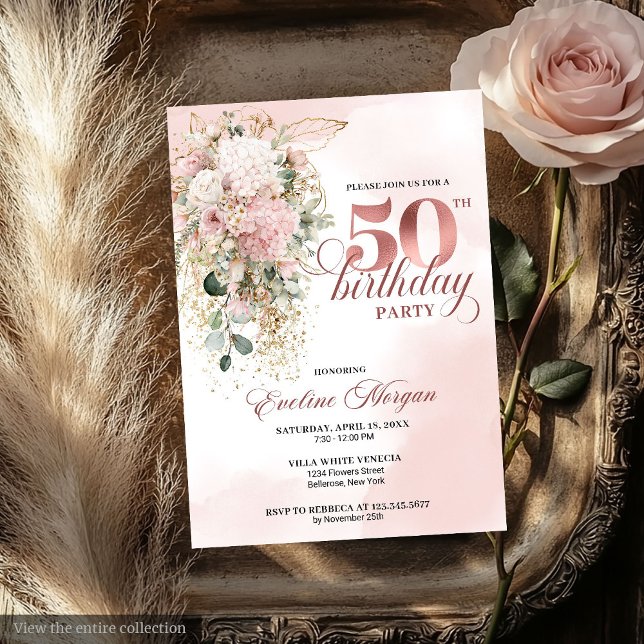 Rose Gold Blush Floral Watercolor 50th Birthday  Einladung (Rose Gold Blush Floral Watercolor 50th Birthday Invite)