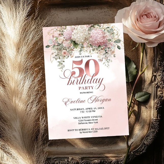 Rose Gold Blush Garden Floral 50th Birthday Invite Einladung (Rose Gold Blush Garden Floral 50th Birthday Invitation)
