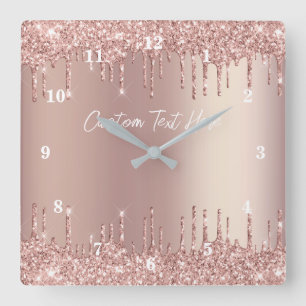 Rose Gold Blush Glitzer Benutzerdefinierte Textmau Quadratische Wanduhr