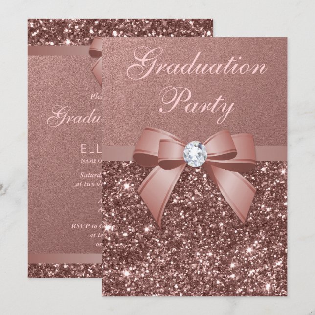 Rose Gold Blush Glitzer Bow Graduation Party Einladung (Vorne/Hinten)