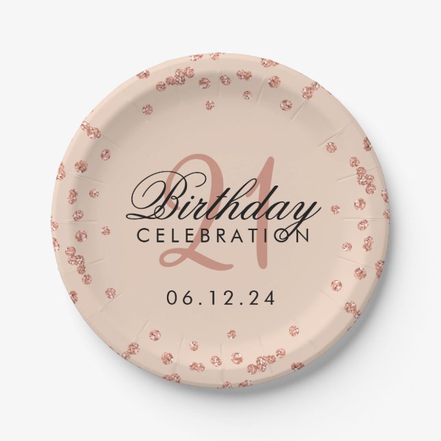 Rose Gold Blush Glitzer Confetti 21. Geburtstag Pappteller (Vorderseite)