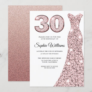 Rose Gold Blush Glitzer Dress 30. Geburtstag Party Einladung