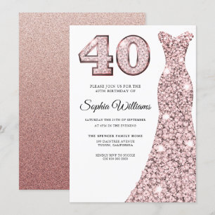 Rose Gold Blush Glitzer Dress 40. Geburtstag Party Einladung