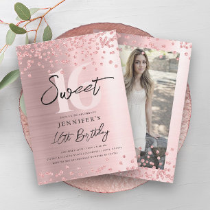 Rose Gold Blush Glitzer Foto Sweet 16 Party Einladung