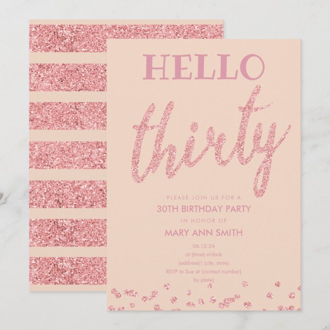 Rose Gold Blush Glitzer "Hello Thirty" Geburtstag Einladung (Vorne/Hinten)