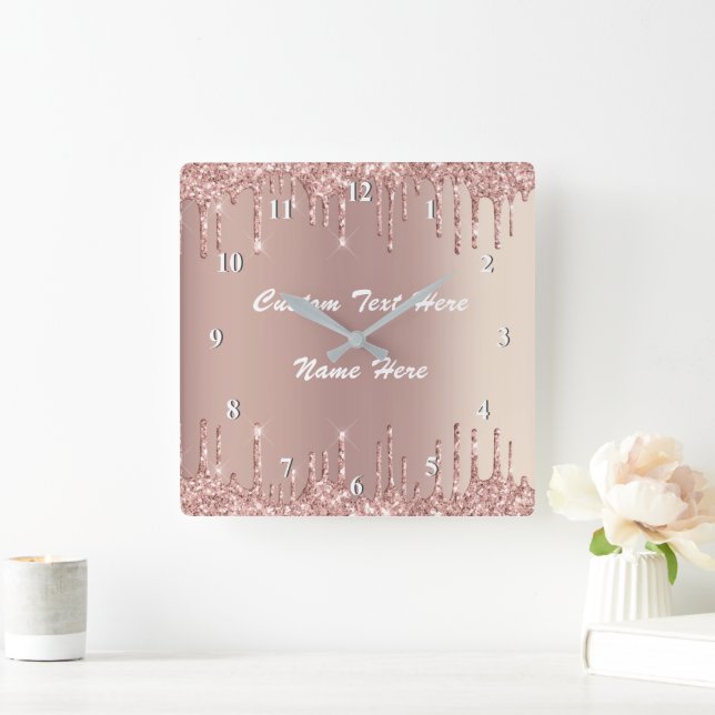 Rose Gold Blush Glitzer Tropfen Ihre Textmauer-Uhr Quadratische Wanduhr (Zuhause)