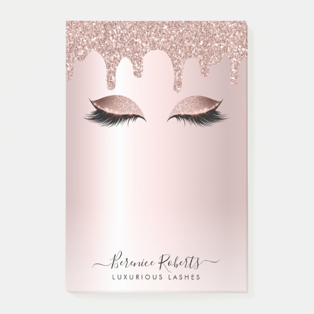 Rose Gold Blush Glitzer Tropfen Lash-Erweiterungen Post-it Klebezettel (Vorderseite)