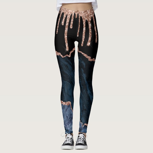 Rose Gold Blush Glitzer Tropfen Navy Black Leggings (Vorderseite)