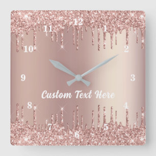 Rose Gold Blush Glitzer Tropfen Textnamensklammer Quadratische Wanduhr