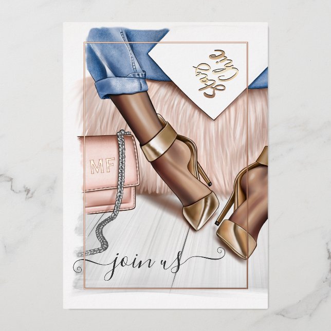 Rose Gold Blush & Gold Monogram Chic Bachelorette Folieneinladung (Vorderseite)