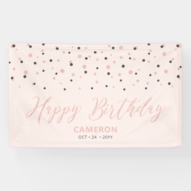 Rose Gold & Blush Hexagon Confetti Happy Geburtsta Banner (Horizontal)