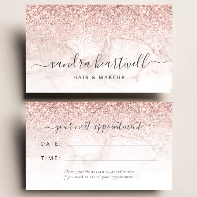 Rose Gold Blush Marble Glitter Script Appointment Visitenkarte (Von Creator hochgeladen)