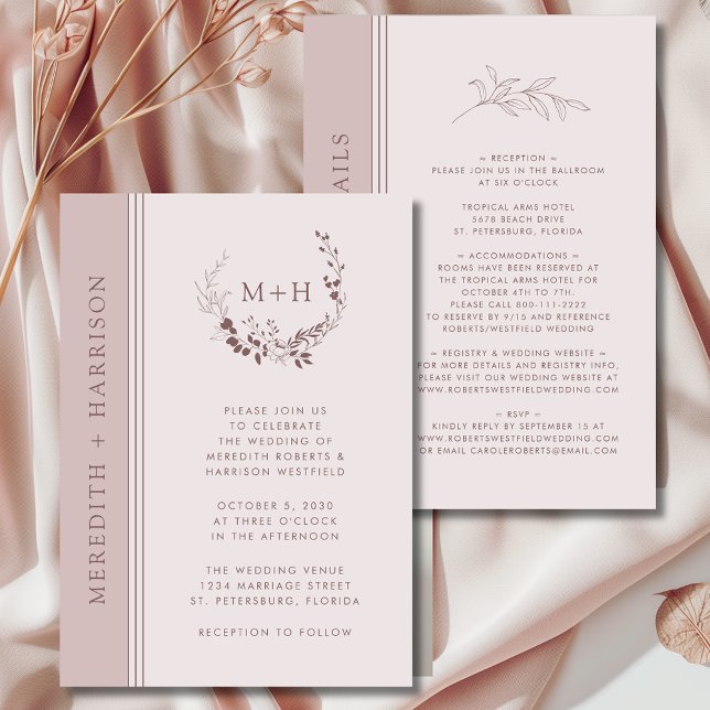 Rose Gold Blush Monogram All in one Wedding Einladung (Rose Gold Blush Monogram Wreath All in One with Details Wedding Invitation)