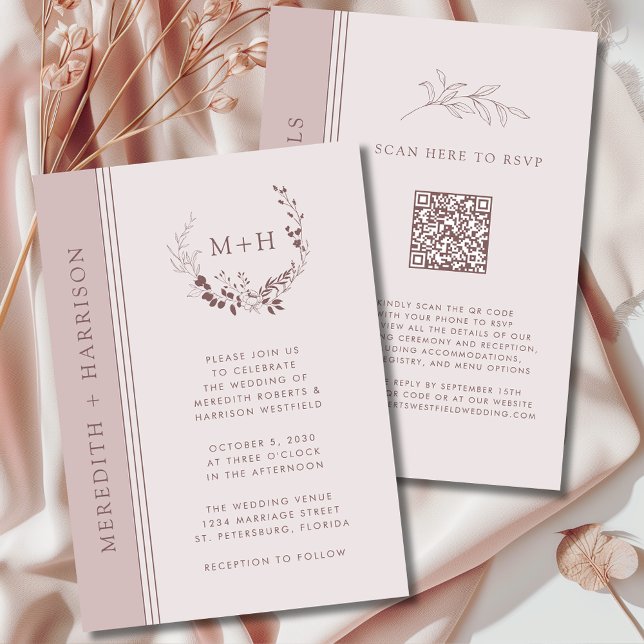 Rose Gold Blush Monogram QR Code Hochzeit Einladung (Rose Gold Blush Monogram Wreath All in One QR Code Wedding Invitation)