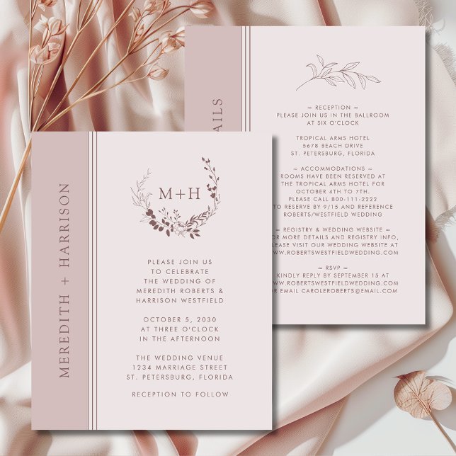 Rose Gold Blush Monogram Wedite Einladung (Budget Rose Gold Blush Monogram Wreath All in One with Details Wedding Invitation)