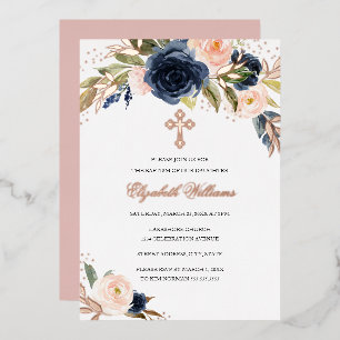Rose Gold Blush Navy Bloral Girl Taufe Folieneinladung